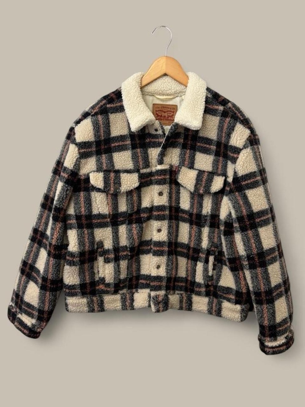 Levi's Cream, Black & Brown Plaid Sherpa-Lined Trucker Jacket
